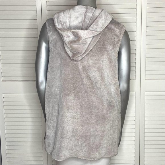 BIT & BRIDLE Light Gray Draped Faux Fur Hooded Fleece Open Sleeveless Vest M - Picture 5 of 9